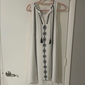 LOFT White Sleeveless Dress with Black Embroidery